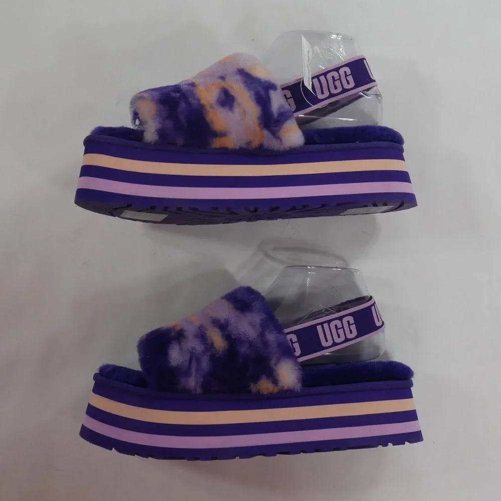 New UGG® Plush Disco Marble Fur Platform Slides Violet Night Womens Size 10